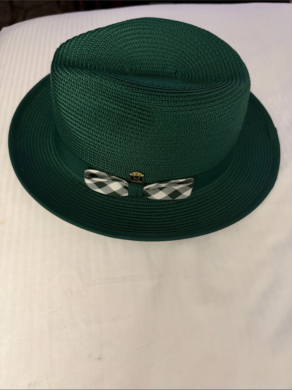 Men's Dark Green Straw Trilby with Check Bow Accent